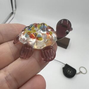 MINIATURE Art GLASS Purple Turtle FIGURINE Multicolor Tiny Collectible Trinket
